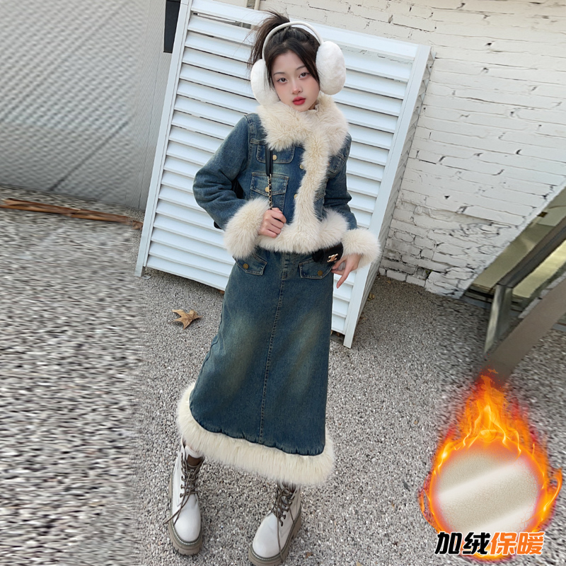 女童加绒牛仔套装冬季加厚保暖外套洋气儿童中大童百搭时尚半身裙
