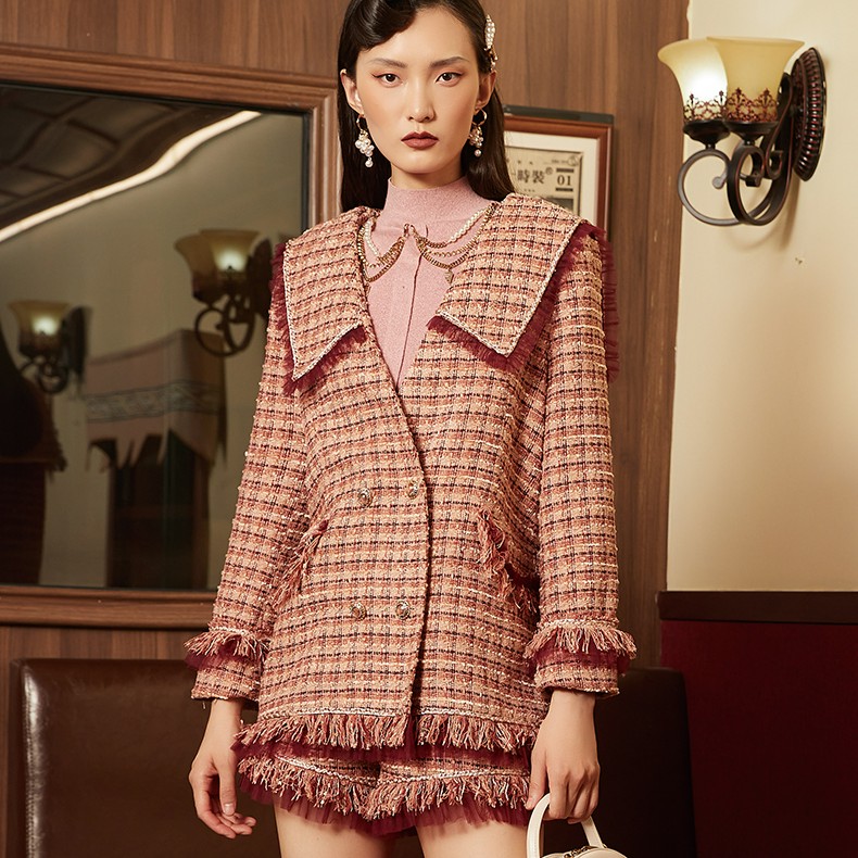【千颂妮专享】电影时装小香风格纹外套女FA142Q6345