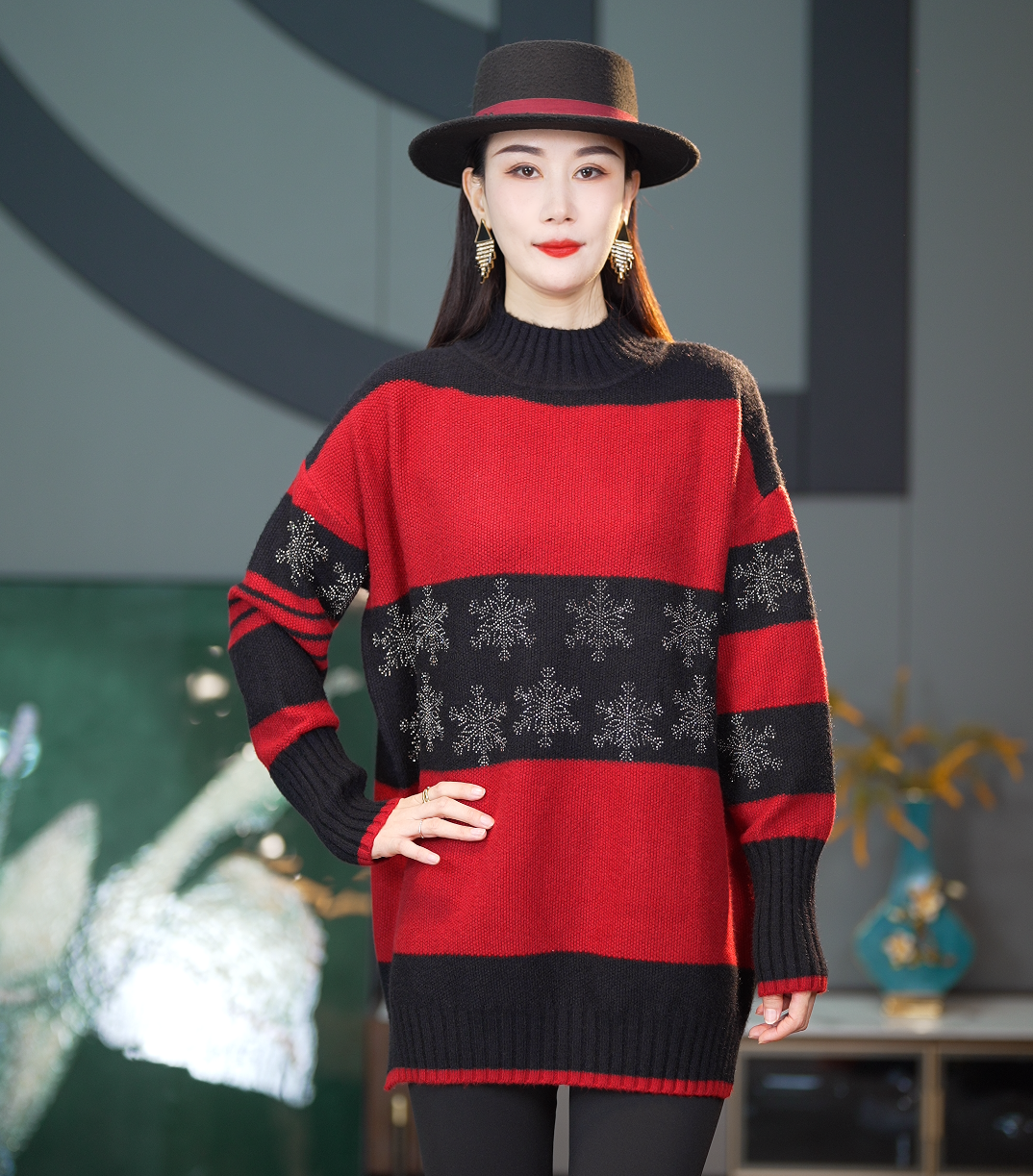 XILIHUI/喜丽荟半高领宽松加厚秋冬新款气质轻奢重工钉钻毛衣3098