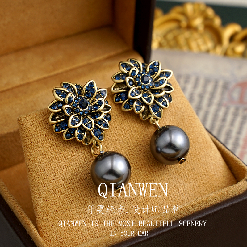 铜合金耳饰 5925 馨香 轻奢蓝色法式古风优雅重工宫廷风耳环