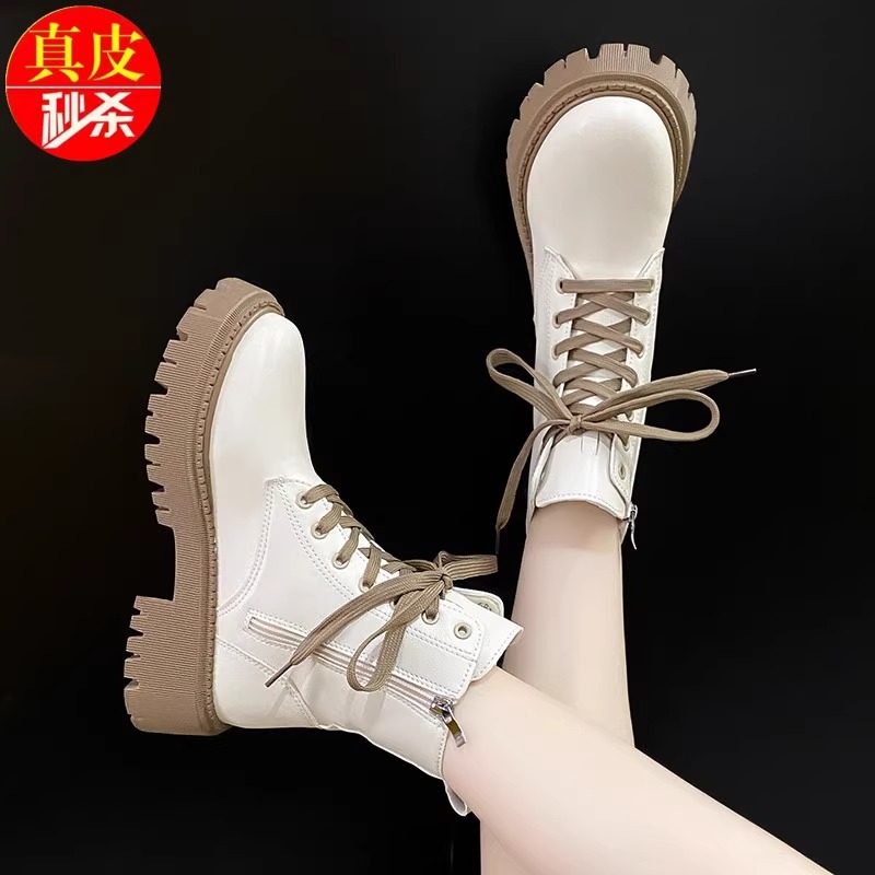 回力潮真皮马丁靴女2023新款秋冬加绒保暖白色瘦瘦靴低帮厚底单靴