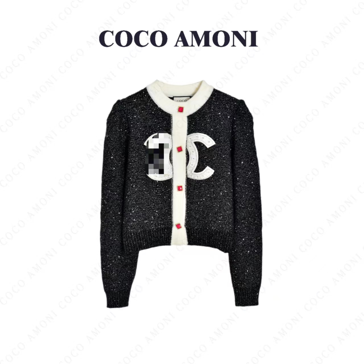 【LZ】奢华重工纽扣亮片泡泡袖开衫针织衫时尚气质长袖上衣女MI001