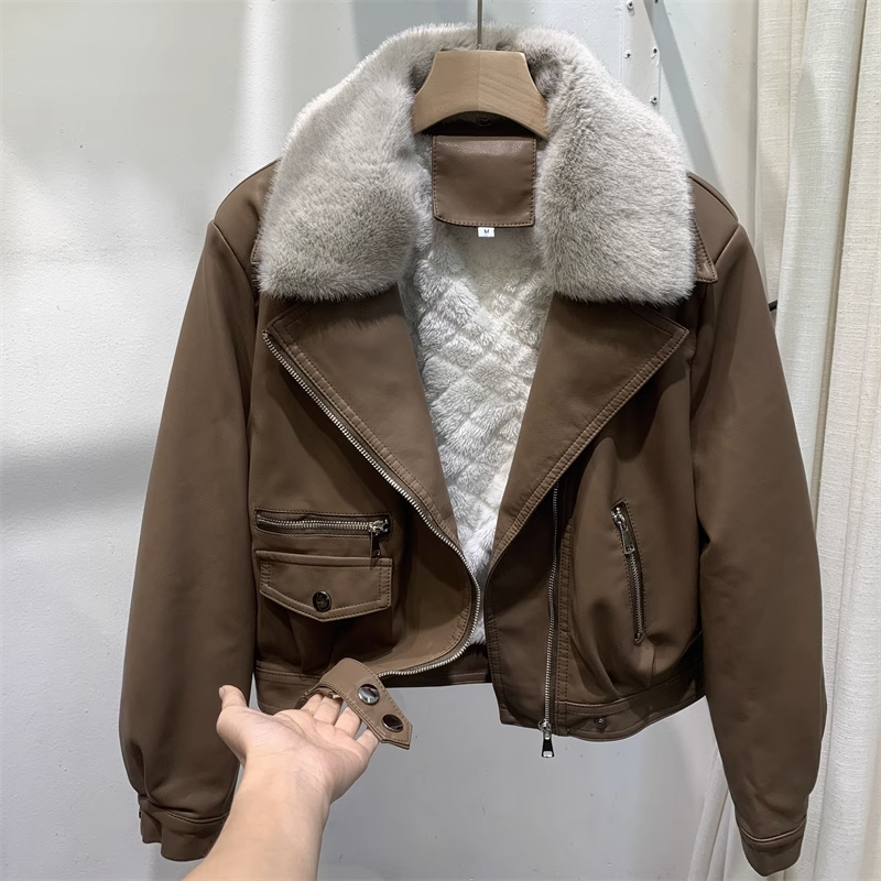 欧货皮衣外套女加绒派克服2023秋冬新款PU皮夹克高级感大毛领上衣